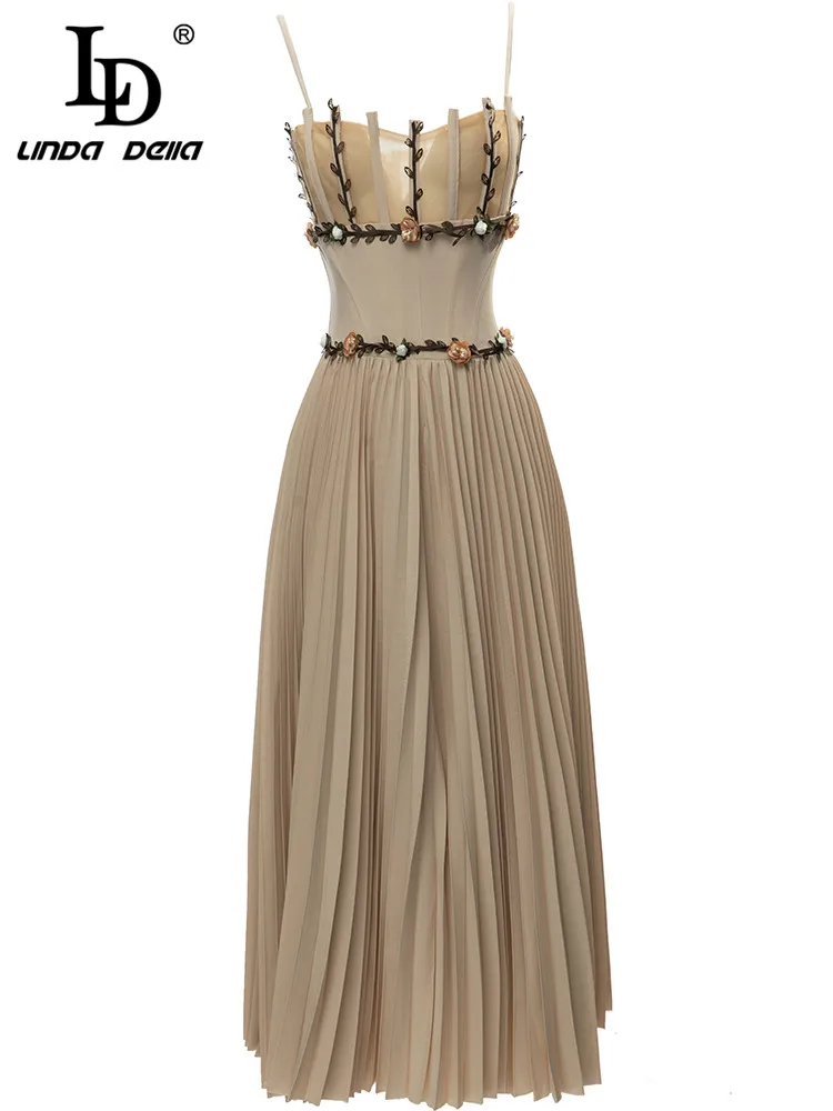 

LD LINDA DELLA New 2023 Summer Fashion Women Beach Style Spaghetti Strap Long Dress Appliques Slim Pleated Big Swing Dress