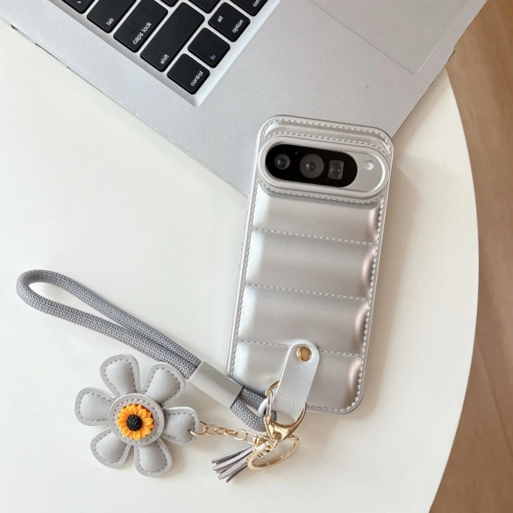 Cartoon Sunflower Down Jacket Lanyard Case with Hand Wrist Strap - Soft TPU Cover
