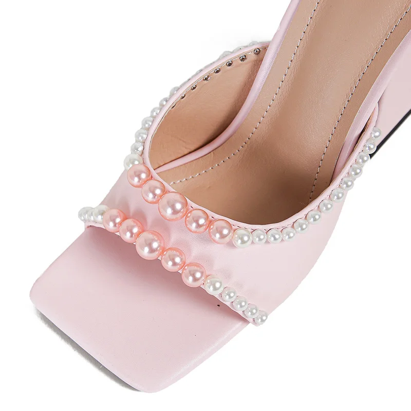 Kcenid Fashion String Bead Peep Toe Slippers Ladies Elegant Sandals High Heels Sexy Women Mules Shoes Woman Square Heel Slippers