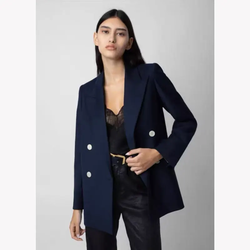 

2023 Autumn New Women Double-breasted Solid Color Straight Wool Blend Fashion Long-sleeved Blazer