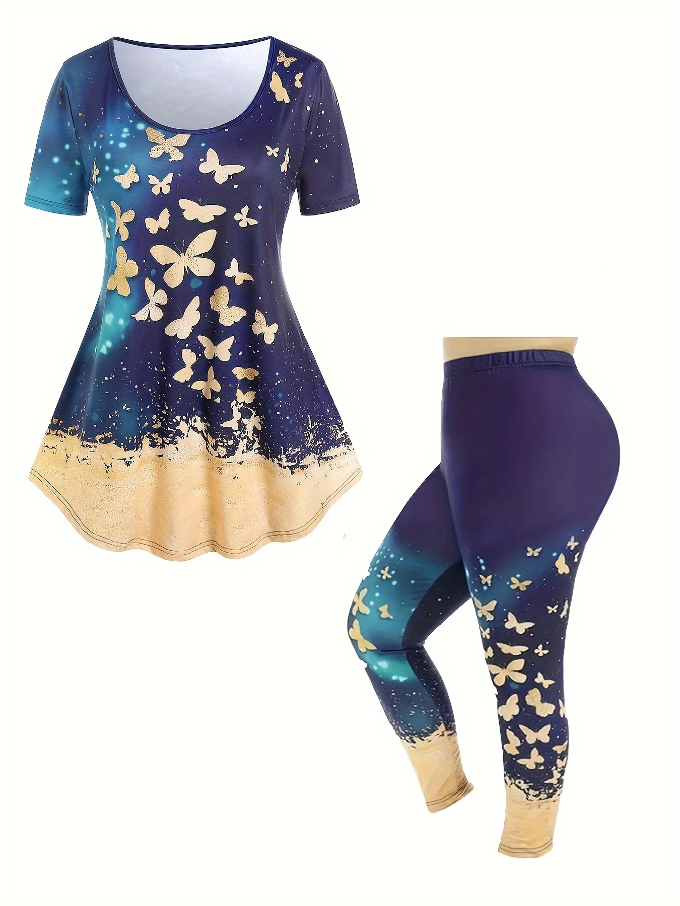 플러스 사이즈 캐주얼 라운드넥 티셔츠 바지 투피스 세트, 슈퍼 컬러 나비 프린트, 여름 신상 