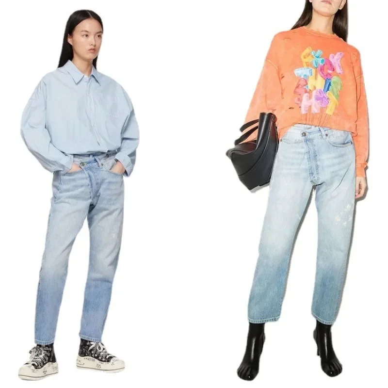 

R@13 Jeans 2024 Summer New High Waist Women's Cross Detail Antique Wide Show Thin Straight Sleeve