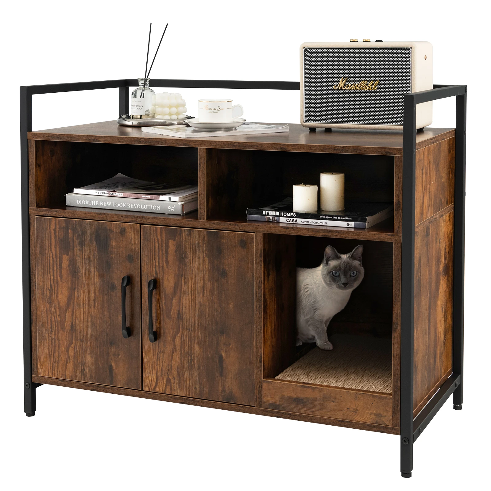 Large Litter Box Enclosure Cat Wooden Storage Cabinet with 2 Doors Coffee
