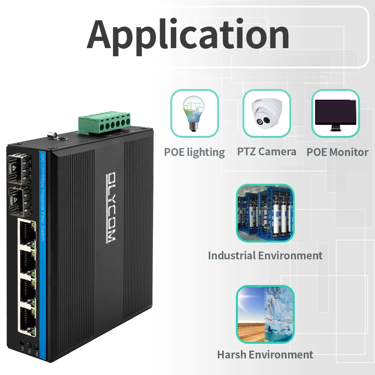 6-Port Hardened Industrial Gigabit PoE+ DIN-Rail Fiber Network Switch 4 x Gigabit PoE+ Ports 2 x 1.25G SFP Fiber Ports 120W for