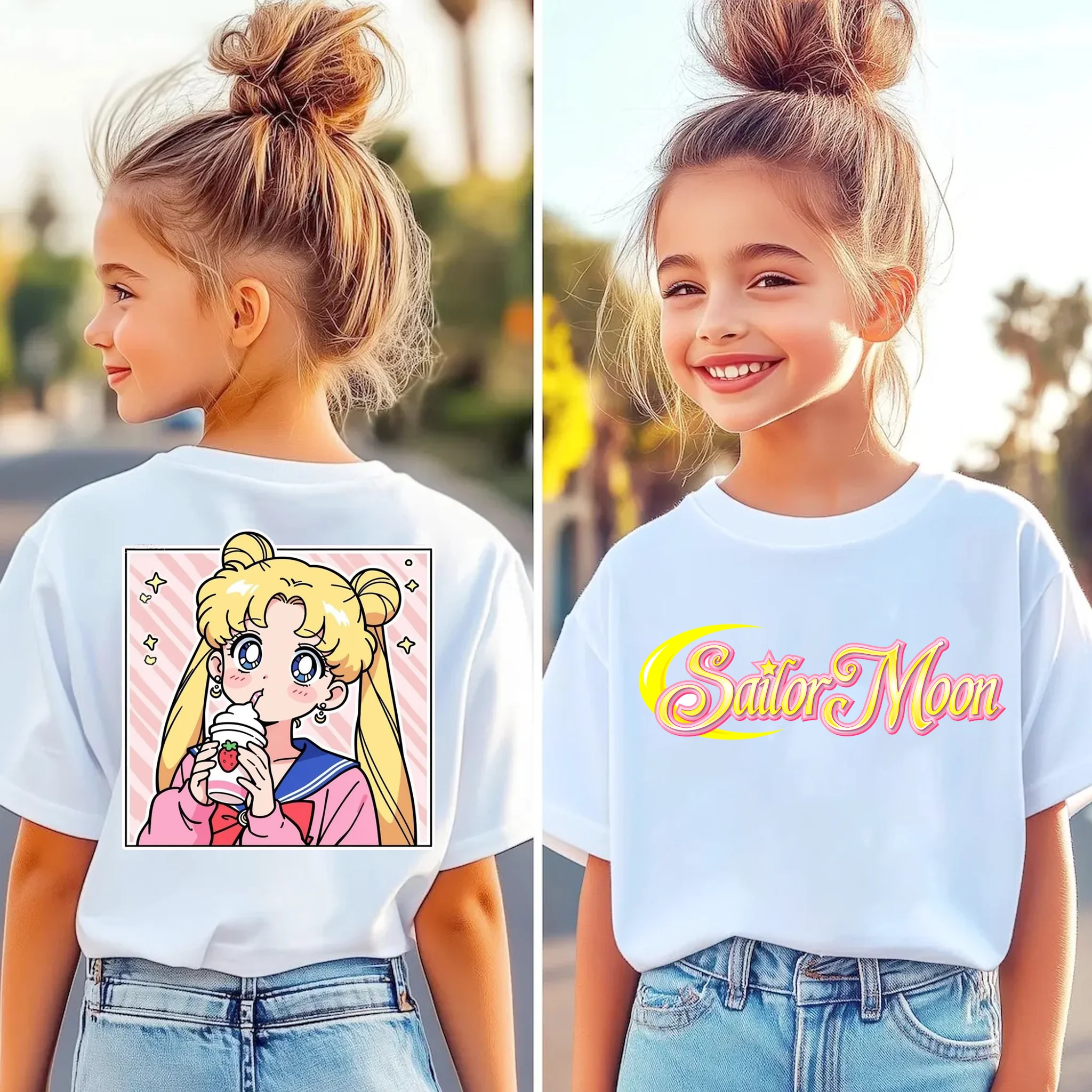Children's Summer Sailor Moon Cartoon Print Loose Fit T-Shirt