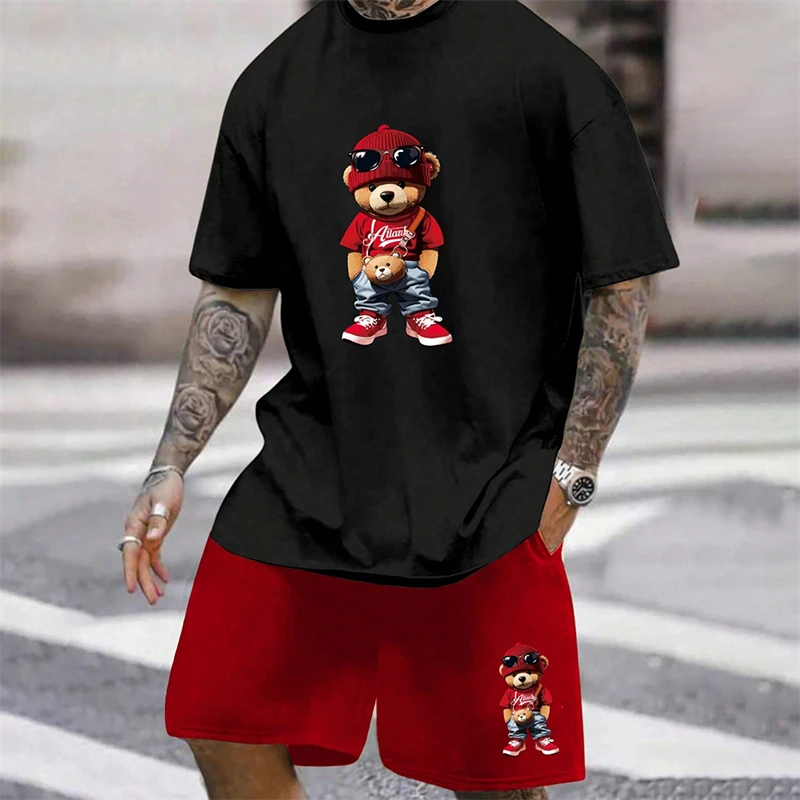 2024 Fun Bear Harajuku T-Shirt Men's Summer Loose Daily Couple Suit Outdoor Street Short Sleeve Shorts Two Piece Men Summer Suit 3