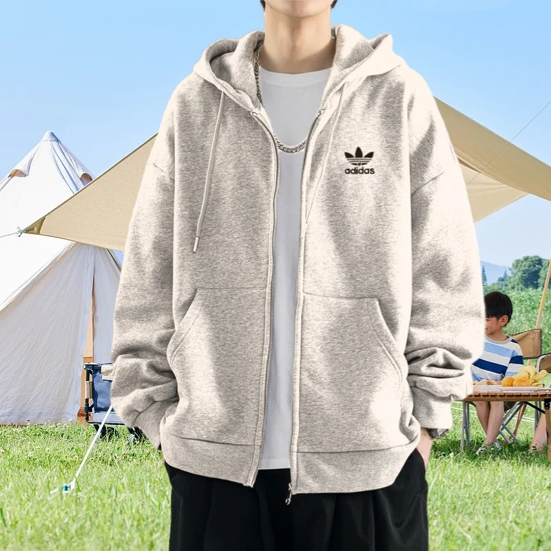 Adidas Hoodies Men and Women Oversize Comfortable Zipper Regular Style Hooded Cardigan Sweatshirts Black/Beige/Grey