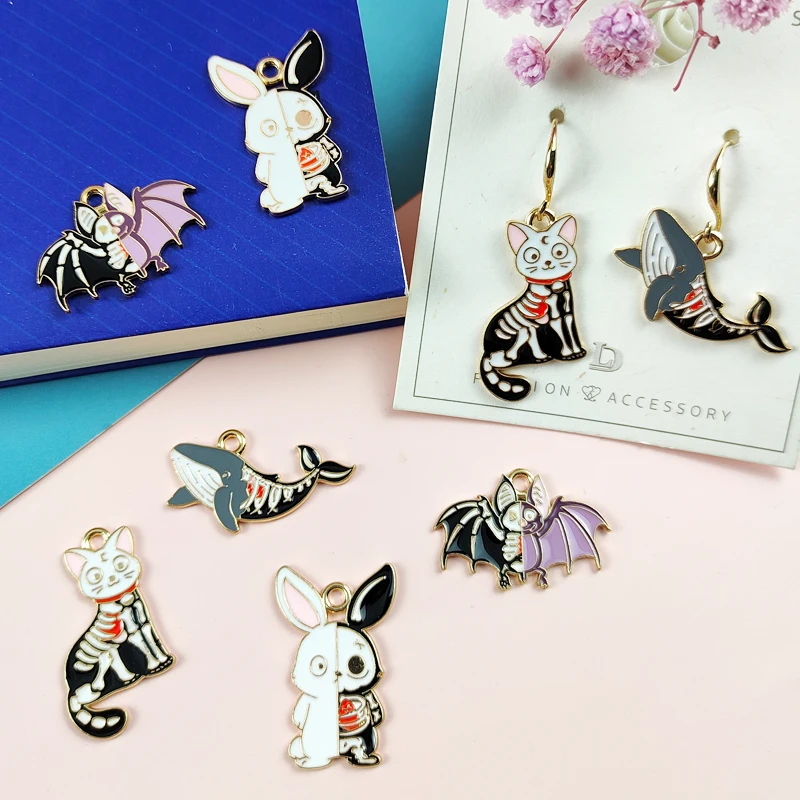 

10pcs/pack Skull Cat Bat Shark Metal Charms Halloween Earring Bracelet DIY Jewelry Making Wholesale