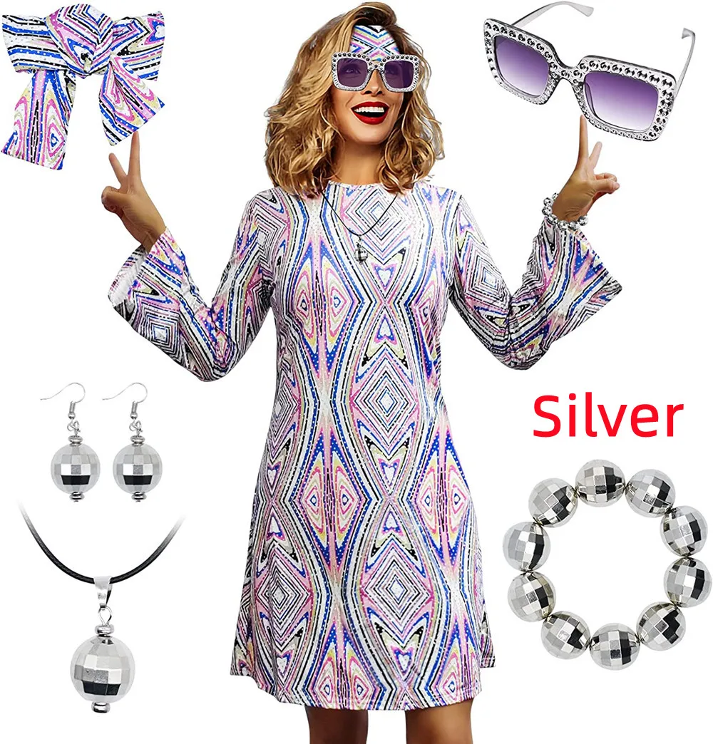 6 Pieces Set 70s Hippie Dress Costumes Necklace Earrings Sunglass Women  Disco Outfit, 60s Party Costume, 60s 70s Hippie Dress Halloween Cosplay Costume  Dress Disco Costume Christmas Party Purim Outfits Suit Nostalgic