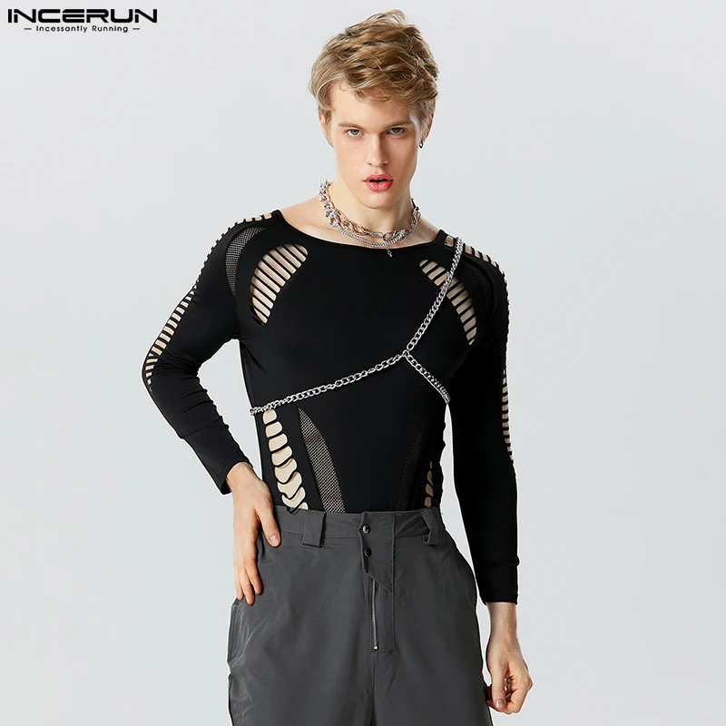 

INCERUN 2023 Sexy Fashion Homewear Rompers Men Solid Hollow Patchwork Design Jumpsuits Handsome Male Long Sleeve Bodysuits S-5XL
