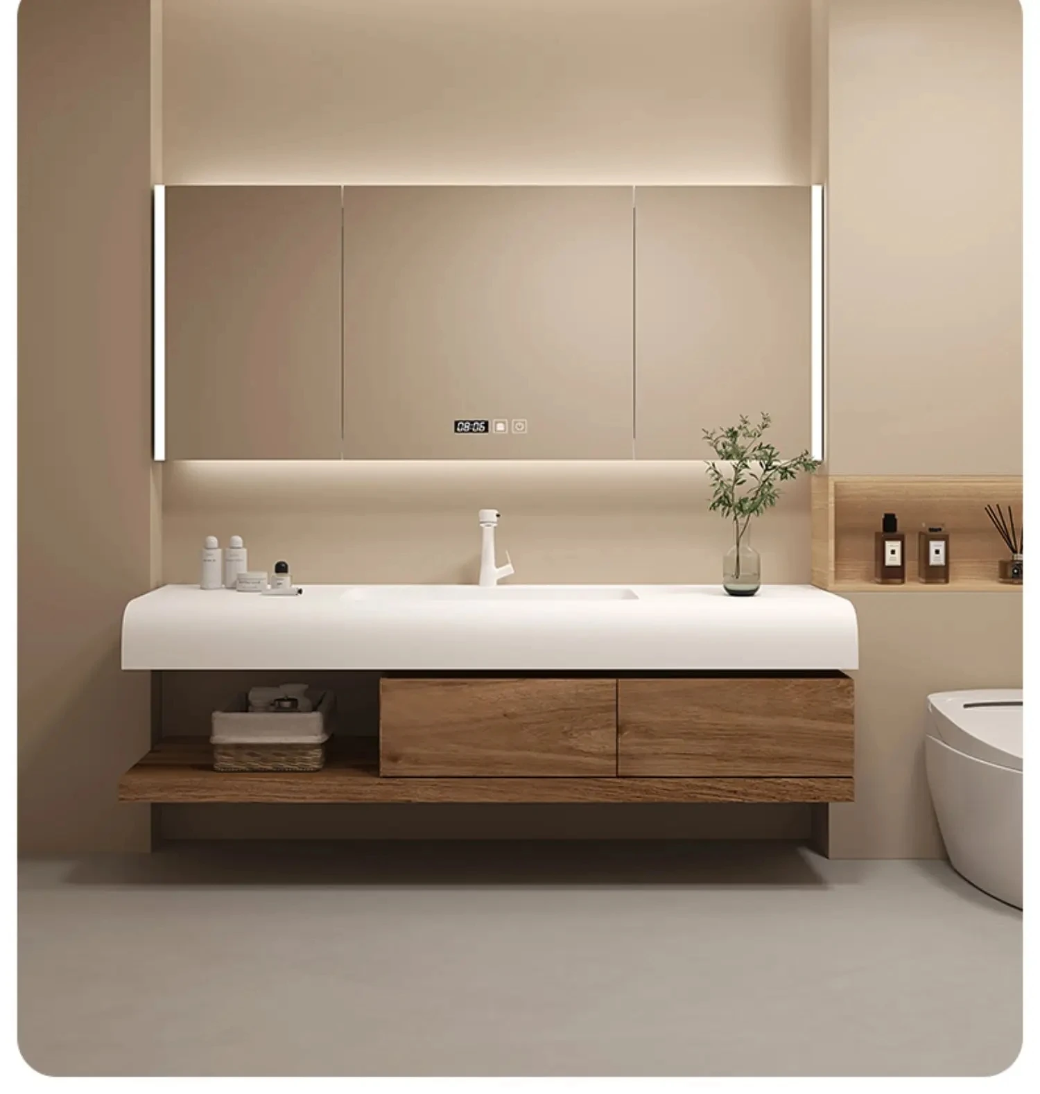 smart bathroom washbasin cabinet multifunctional Corian integrated basin bathroom cabinet combination