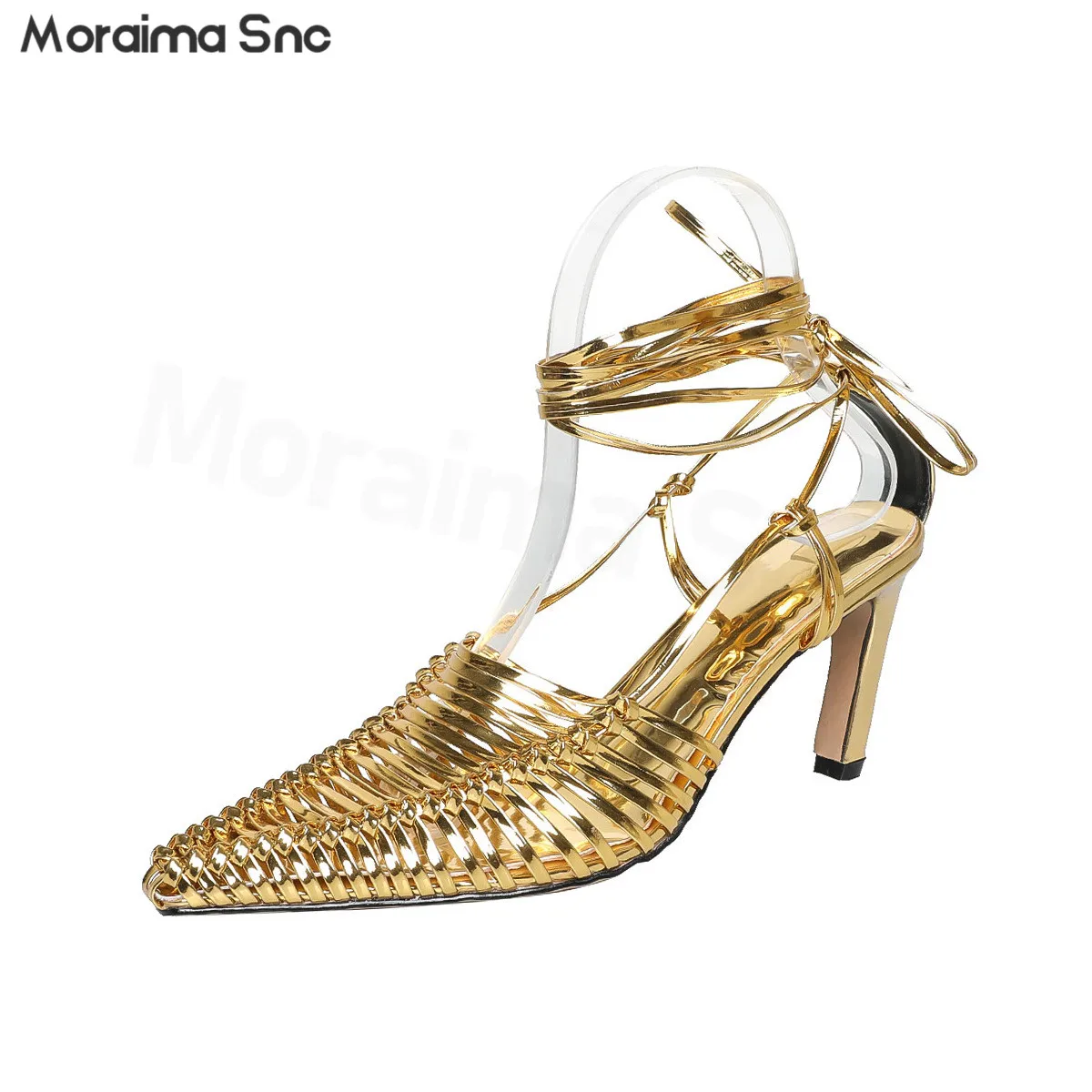 

Golden Niche Design Woven Strappy Sandals Pointed Toe Stiletto Cage-Shaped Hollow Back Fashion Banquet High-Heeled Sandals