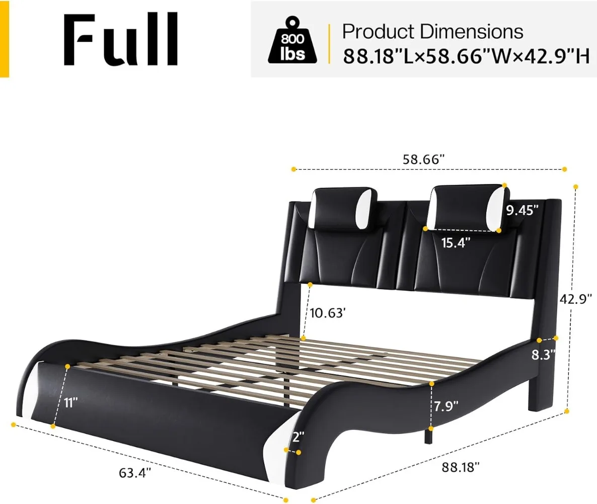 LED Bed Frame Full, Modern Faux Leather Upholstered Platform Bed, Wave Like Curve Design No Box Spring Needed, Black 2