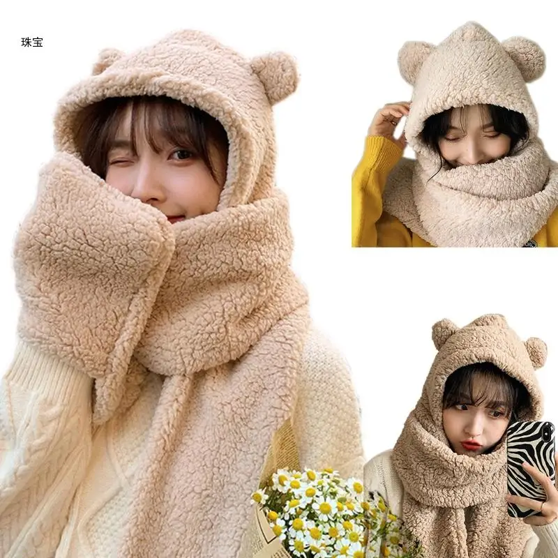 

X5QE Winter Warm Plush Hat Thermal Cartoon Bear Ears Earflap Hooded Long Scarf