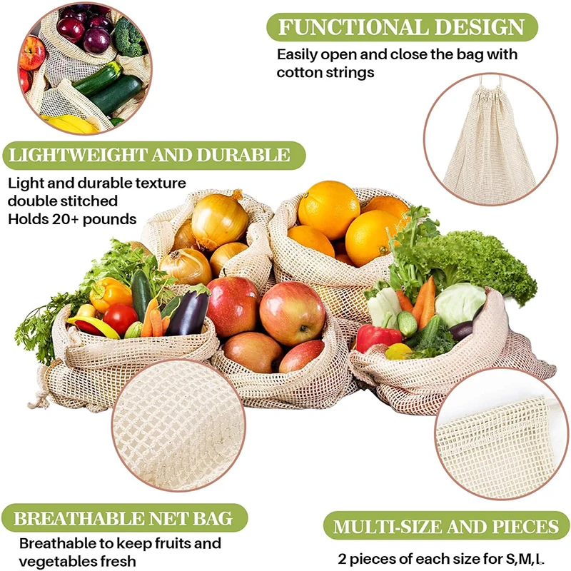 Eco-Friendly Reusable Organic Cotton Produce Bags - Set of 3/5/10