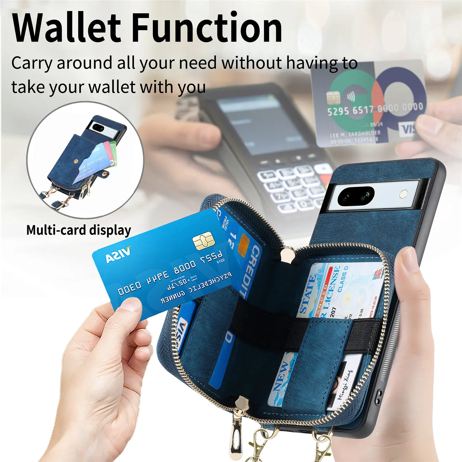 Wallet For Google Pixel 7a Case Zipper Multi Card Slot With Long Lanyard Shockproof Leather Phone Cover For Pixel 8 6 Pro