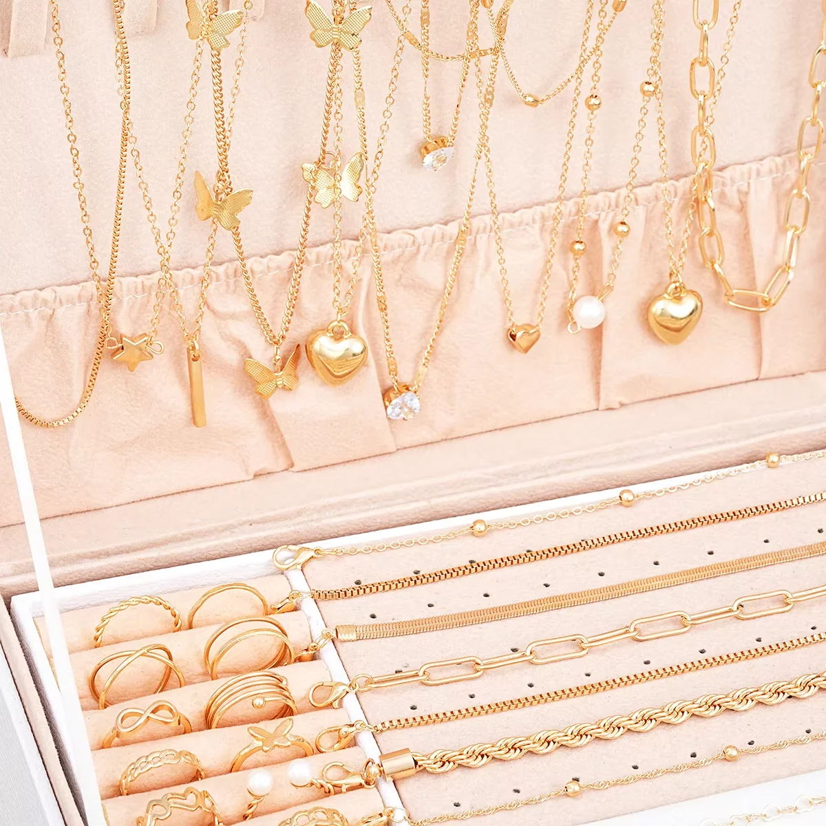 40 Pcs/Set Elegant Geometric Pearl Rings Multi-Layered Heart Zircon Necklace Simple Bracelet 3-In-1 Jewelry Set For Women Gifts