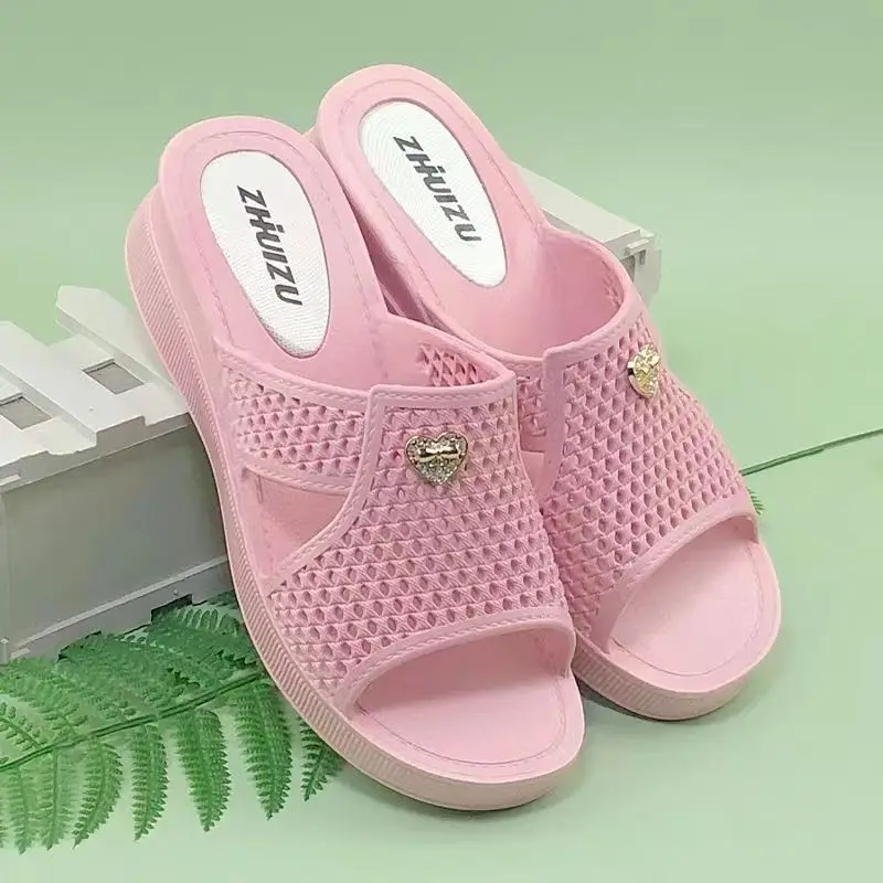 

New Women's Summer Wedges One Word Slippers Soft Sole Non Slip Home Slippers Bathroom Slippers Free Shipping Outdoor Slippers