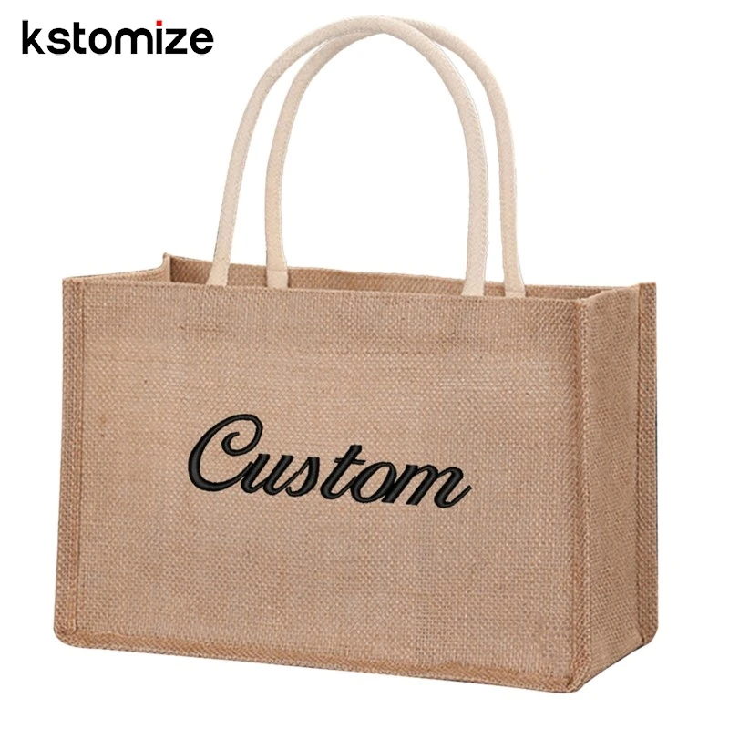 Kişiselleştirilmiş Özel Metin Adı Logo Nakış Vintage Kadın Keten Tote Yaz Plaj Çanta Taşınabilir Alışveriş Çantası