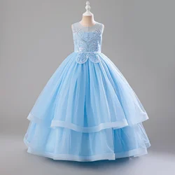 Lilac Tulle Sleeveless Flower Girl Dress with Bow and Beaded Appliques - 150 (Sky Blue)