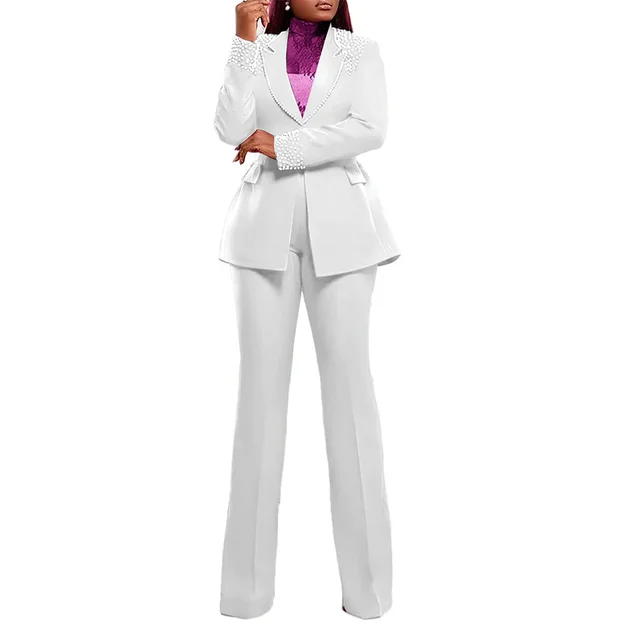 Hope Pearl Splicing Long Sleeve Blazer Pant Set 46