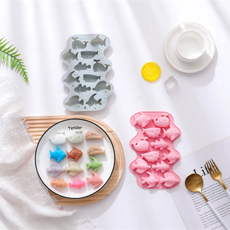 3D 해양 물고기 실리콘 초콜릿 몰드 믹스 동물 캔디 비스킷 젤리 아이스 큐브, 케이크 만들기, 베이킹 도구, DIY, 12 개 구멍