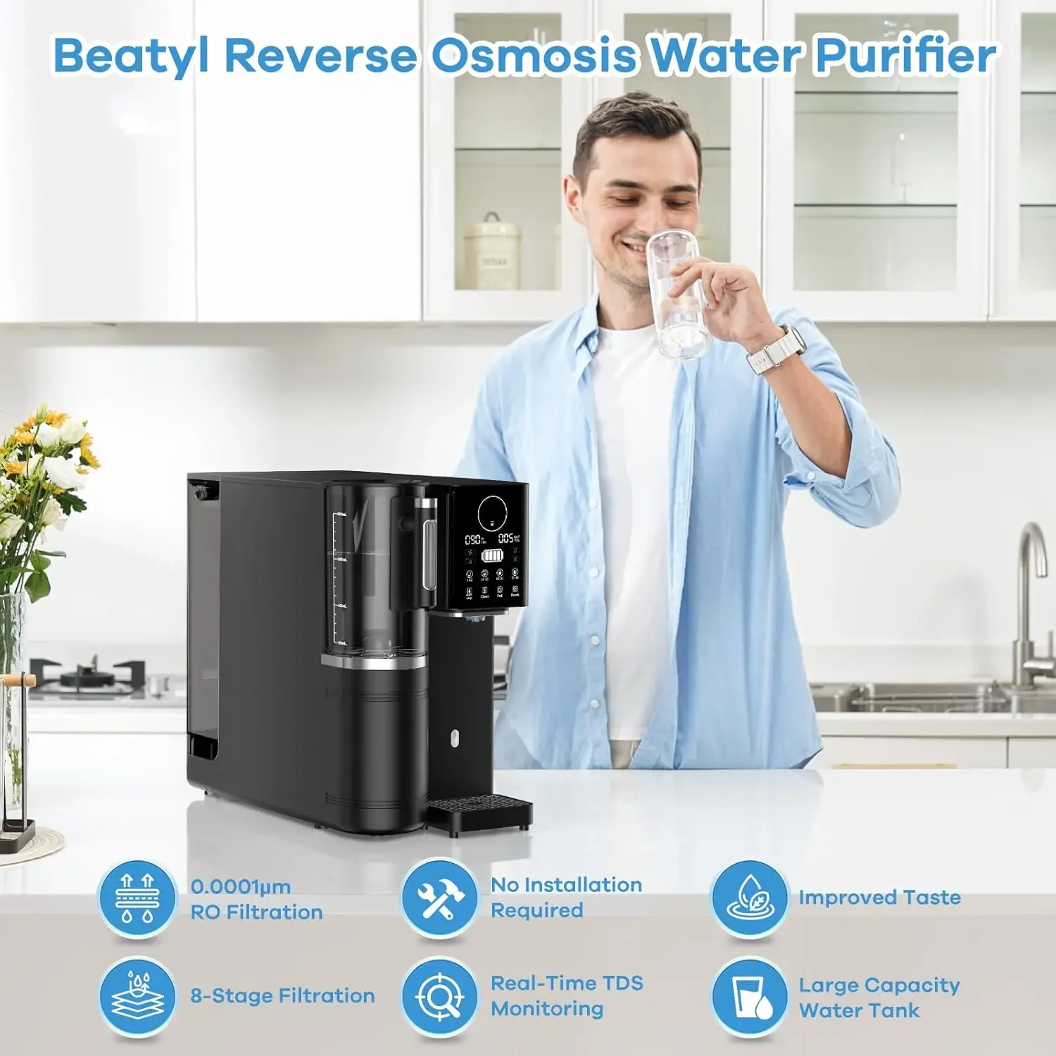 Reverse Osmosis Water Filter, Water Purifier, 8-Stage Filtration System, Portable Purifier Countertop for Kitchen, Office