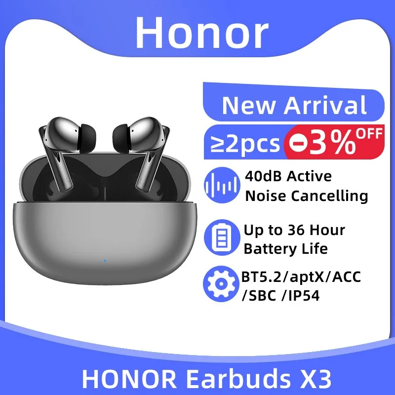 

Honor Earbuds X3 TWS Earphone Bluetooth 40dB Active Noise Cancelling AptX Wireless Headphone 36 Hour Battery Life For HONOR 70