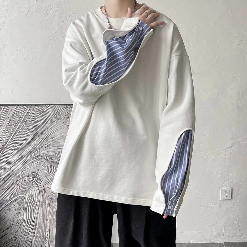 

Fake Two Piece O Neck Long Sleeve Men Sweatshirt Street Casual Fashion Spliced Striped Print Oversized Pullover Tops Black White