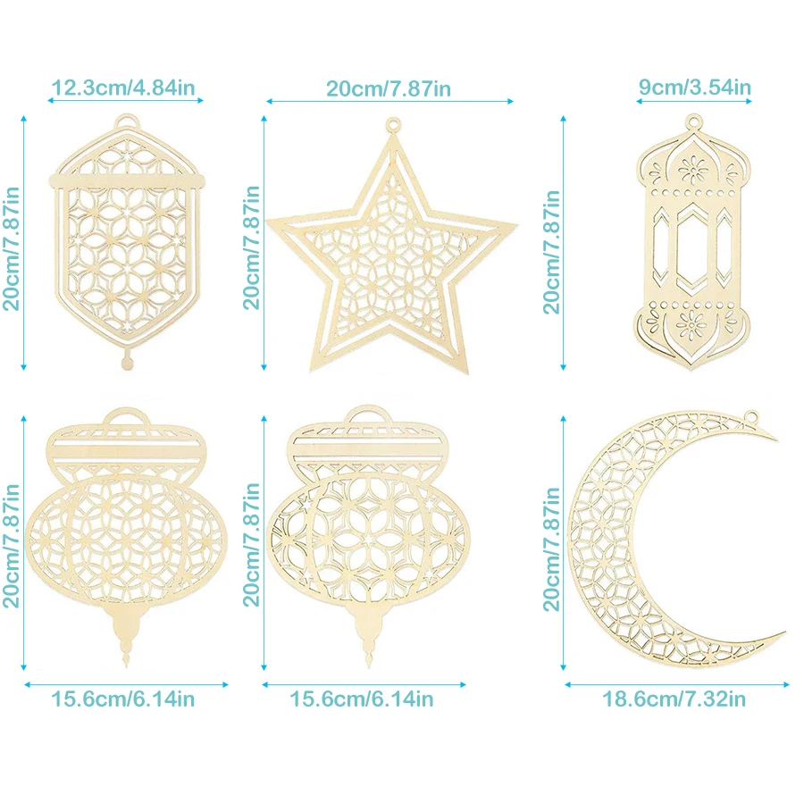 6pcs/set star moon lantern mandala pattern hollow wooden pendant for Ramadan DIY decoration wooden sign holiday party supplies
