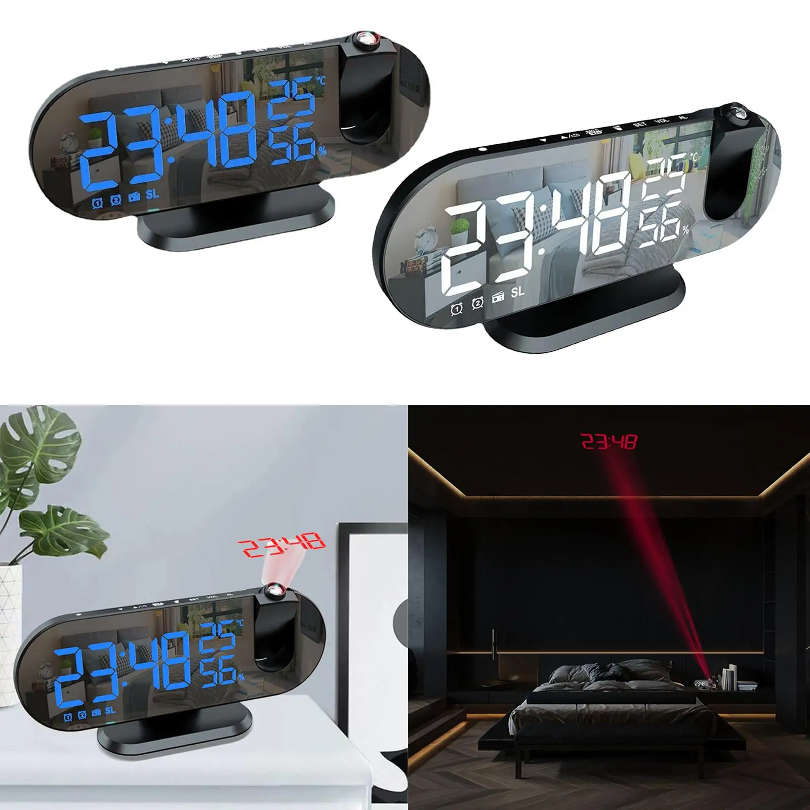Electronic Digital LED Mirror Alarm Clock Projector USB Rechargeable Temperature 3