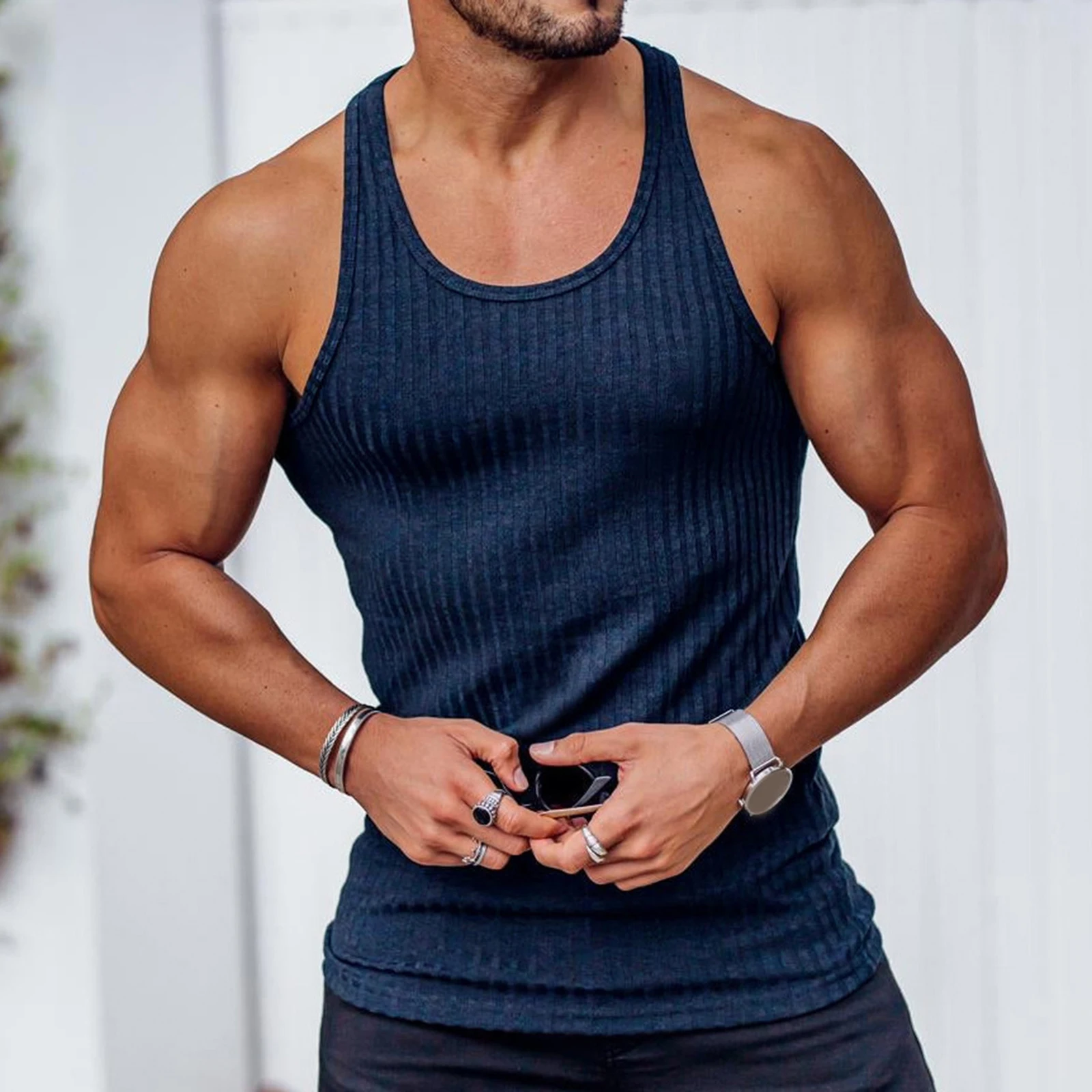 Men's U Neck Sleeveless Sport Top Gym Fitness Workout Running Vest Quick-Dry Racer Back Sheer Tank Top Sportwear