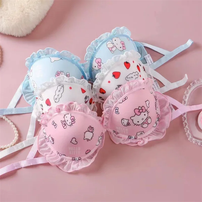 Hello Kitty Sanrio Anime Kawaii Underwear Cute Cartoon New Sweet Girl Bra Bowknot Lace Comfortable Ventilate Lingerie Briefs Set