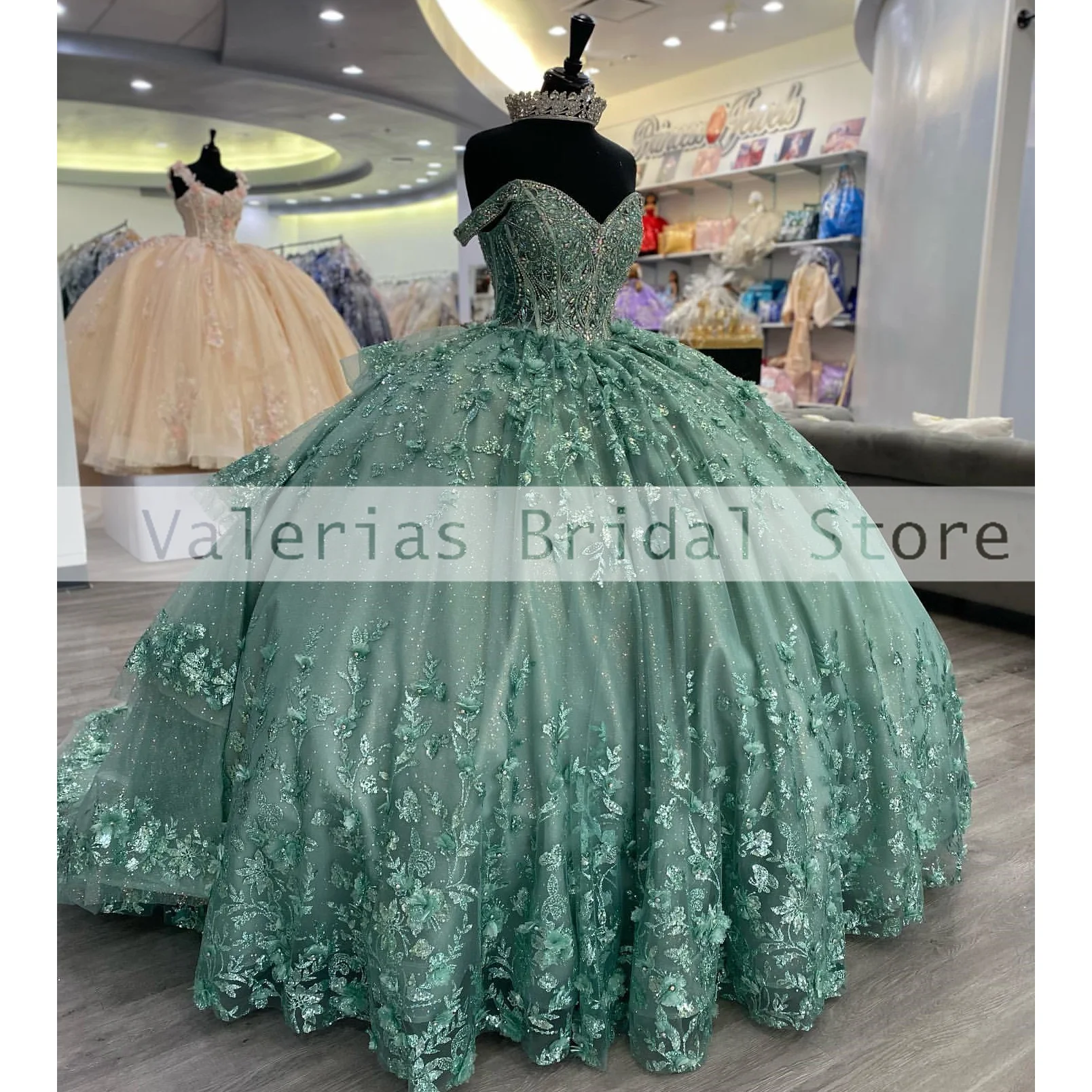 

Blue And GreeQuinceanera Dress Ball Gown Appliques Crystals Birthday Party Prom Dresses Lace Up Vestido De 15 Quinceañeras