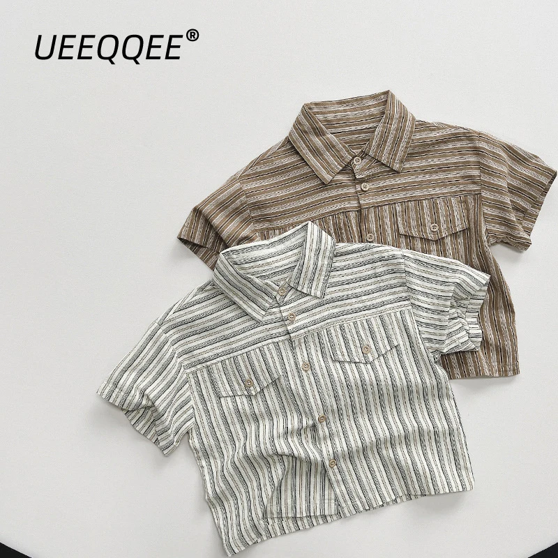 

Cotton Striped 2023 Summer School Children Shirts Casual Boys Blouse Short Sleeve Pocket Toddler Wear Tops Kids Clothes For 1-8Y