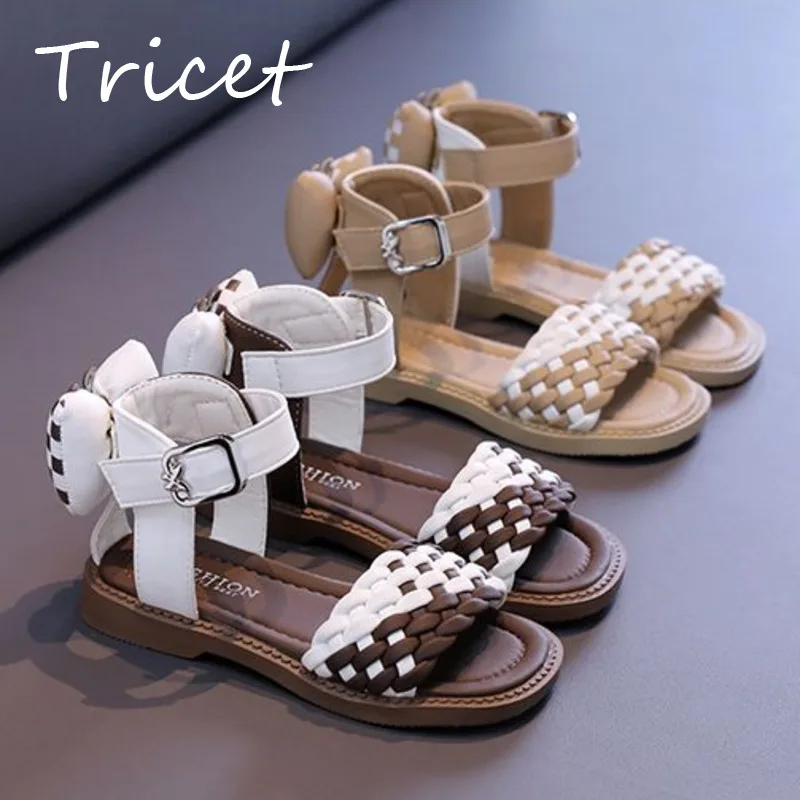 

Cute Bow Rabbit Girl's Summer Shoes PU Weave Rhinestones Buckle Sandals For Kids Non Slip Hook Loop Footwear Children Sandals