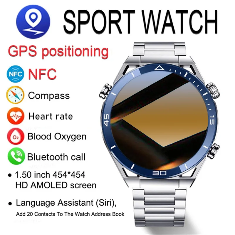 

Smart Watch Men 1.5inch 454*454 HD Resolution GPS Track Voice Call NFC Watches Compass IP68 Waterproof ECG Smartwatch For Huawei