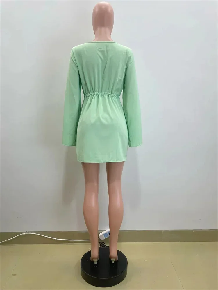 Wmstar Women Dress Autumn Fashion Solid Color Split Sleeve Drawstring Waist Long Sleeve Casual Dresses Wholesale Dropshipping