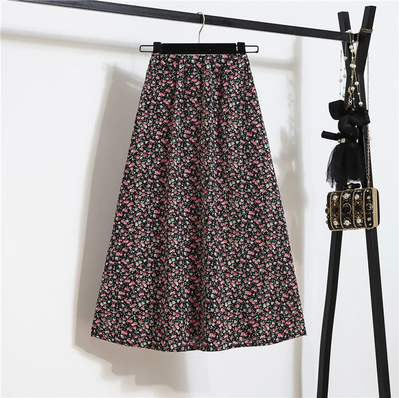 High-waist Floral Women's Skirt Chiffon Big Swing A-line Long Summer Skirt Femel Clothes satin midi skirt