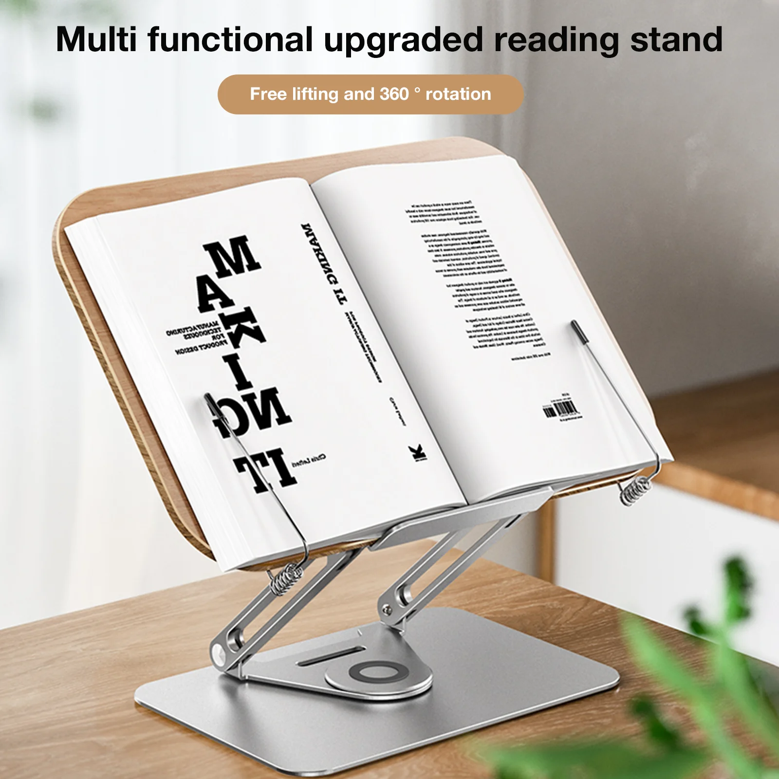 360&deg; Rotating Adjustable Reading Bookshelf Stand-Foldable Desktop Teaching Bookshelf with Elastic Page Clip, Ideal for Books,