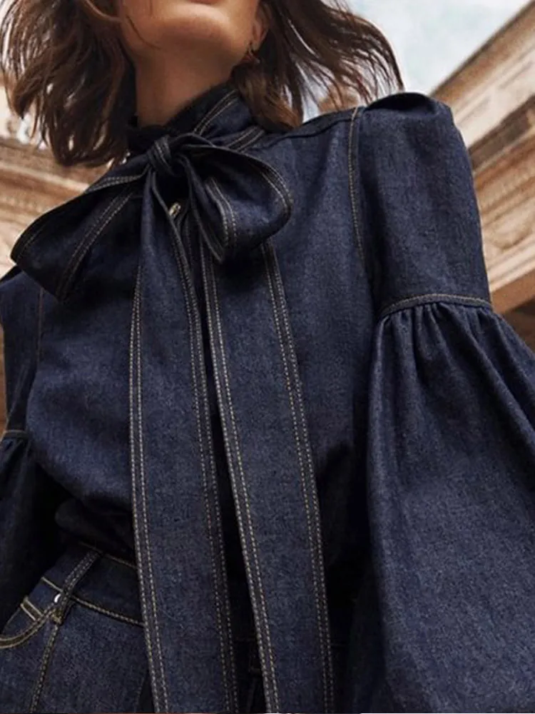 Chic Denim Lace Up Women‘s Shirt Fashion Loose Turn-down Collar Long Sleeve Female Shirts 2024 Sping Pocket Office Lady Top