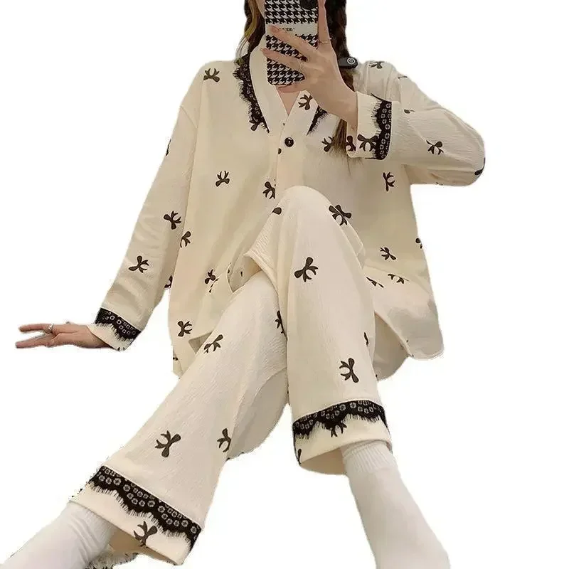 

Pj's Sleeve Twinset Spring Women Long Sleepwear Pajamas Lingerie Nightwear Pyjamas Set Sleep Suit Lace Trousers V-Neck Shirt