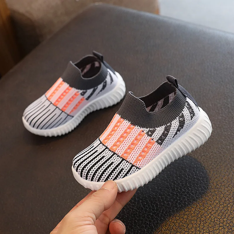 Kids Casual Shoes Children Sneakers Boy Striped Knitted Sneakers for Girls Slip-On Sports Sock 2-8 Years Tennis Shoes Spring
