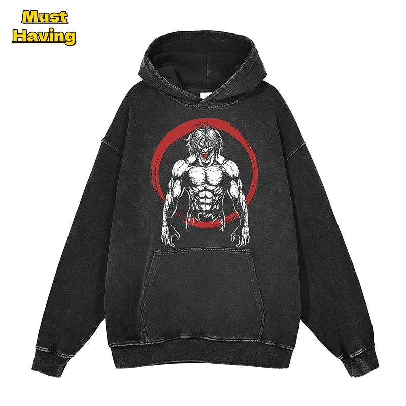 

Anime Attack on Titan Hoodies for Men Black Retro Washed Cotton Pullovers Tops Casual Loose Hooded Sweatshirts Kangaroo Pocket