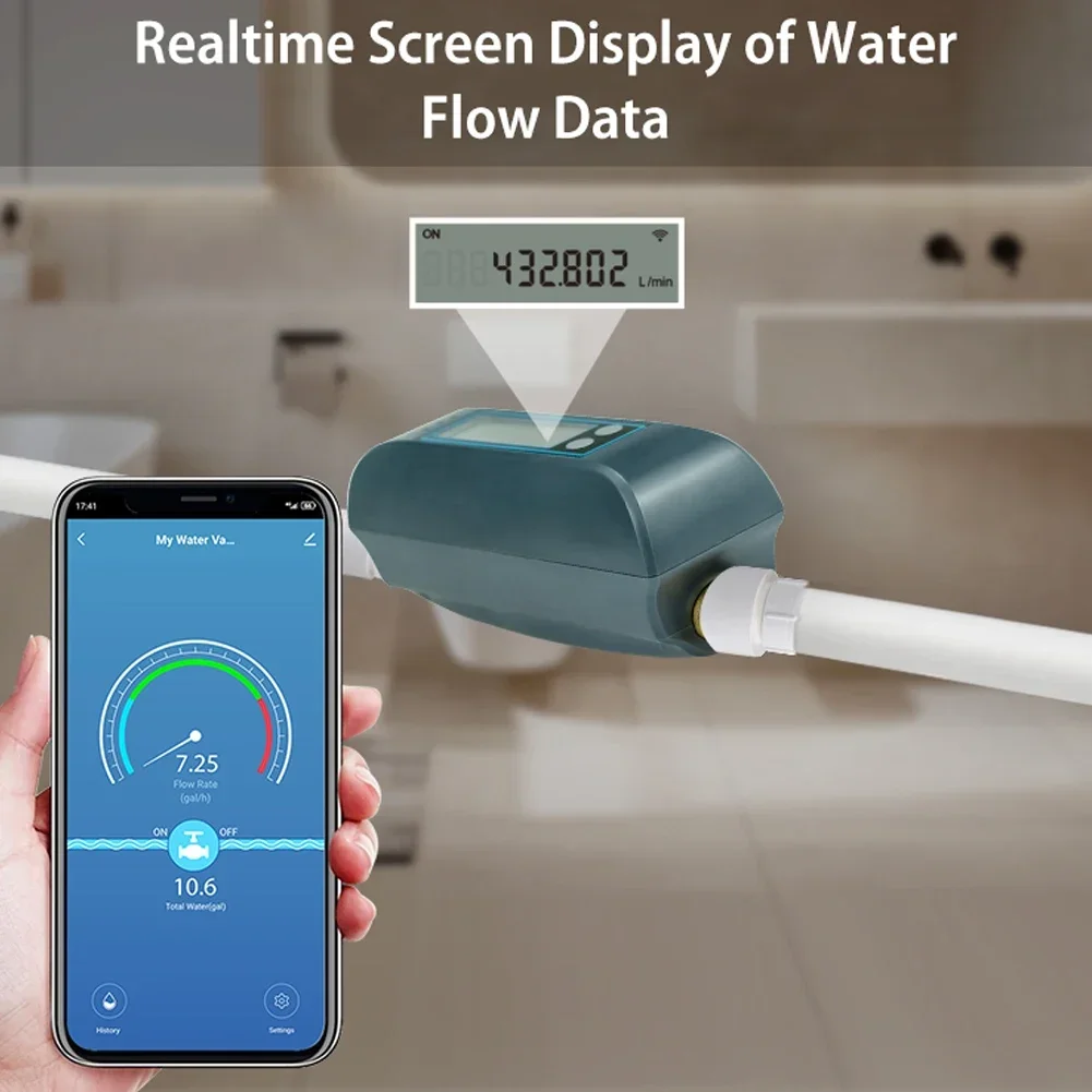 Tuya WiFi Intelligent Watervalve Dual-Band Flowrate Meter APP Control Efficient Home Water Management Device for Voice Control