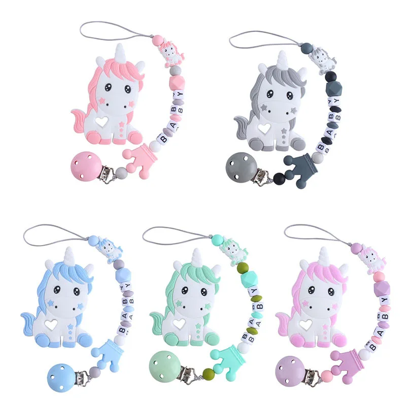 Personalized Safe Teething Teether Unicorn Crown Soother Toy Baby Silicone Pacifier Clips Chains Nipples Handmade Dummy Holder