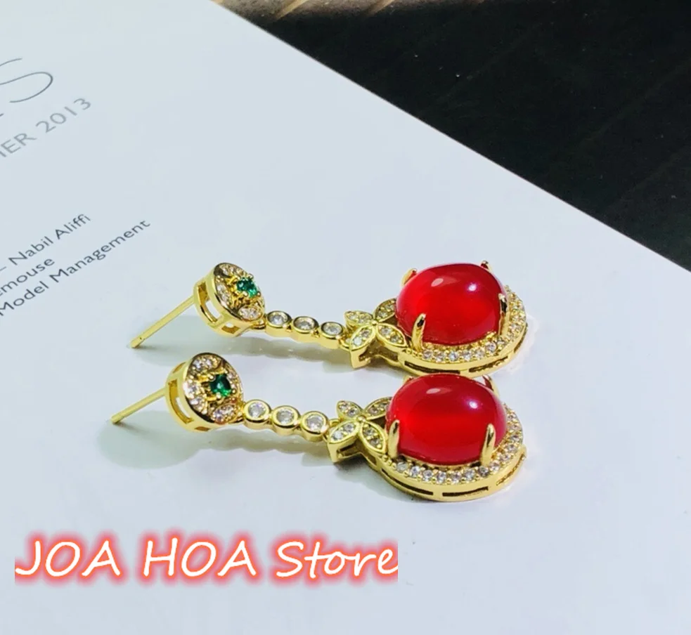 New Genuine 925 Silver Gold-plated Inlaid Natural Chalcedony Agate Jade Earrings Gift Accessories Perfect Red Eardrop Jewelry