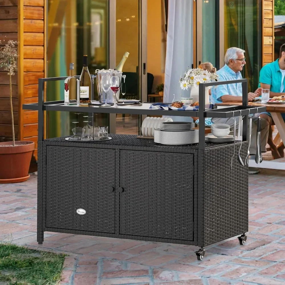 Kitchen Trolley, Wheels and Black Glass Table Top for Patio, Poolside and Backyard , Outdoor Kitchens Rolling Trolleys