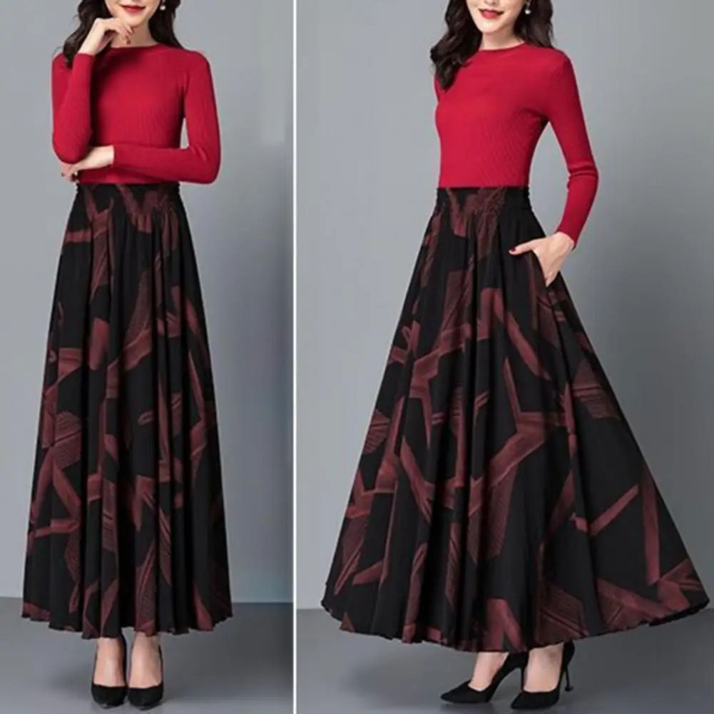 

Women Plaid Skirt Elegant Retro Ruffle Maxi Skirt with High Waist A-line Colorblock Design Soft Pockets for Women for Parties