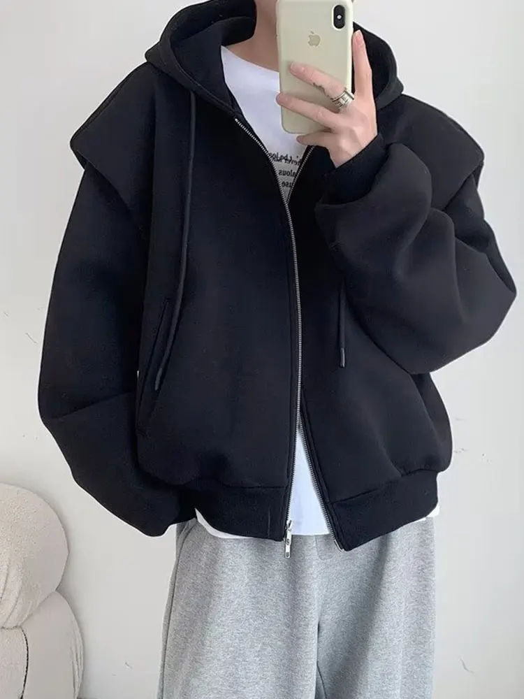 Trendy Streetwear Hooded Cardigan Men's Early Autumn Hong Kong Sle Casual Double Zipper Loose Outerwear Youth Faion